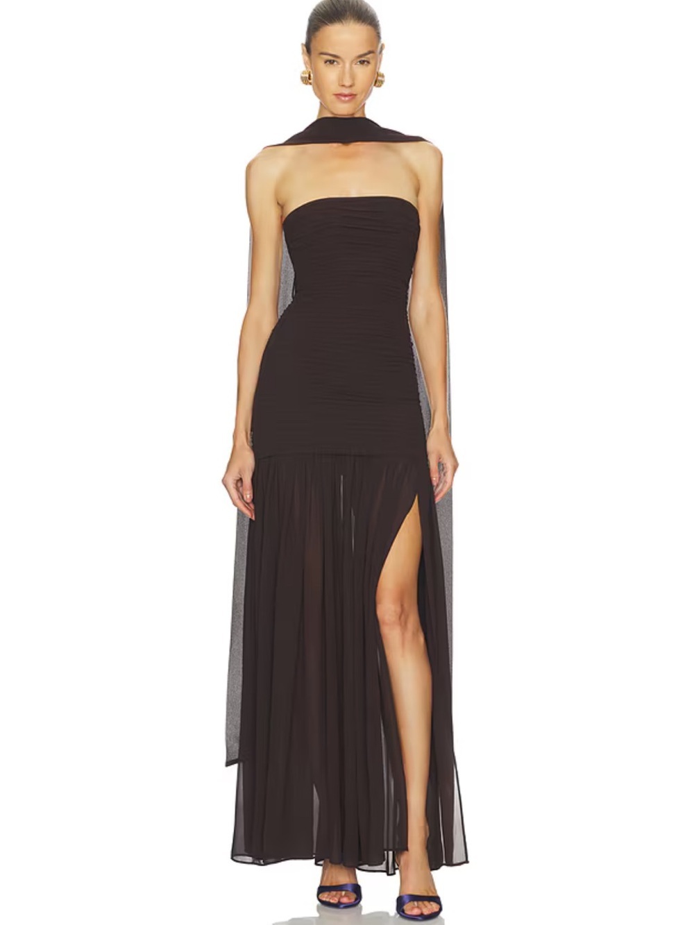 L’Academie Tia Gown Dark Brown Strapless Chiffon pleated dress scarf Revolve XS